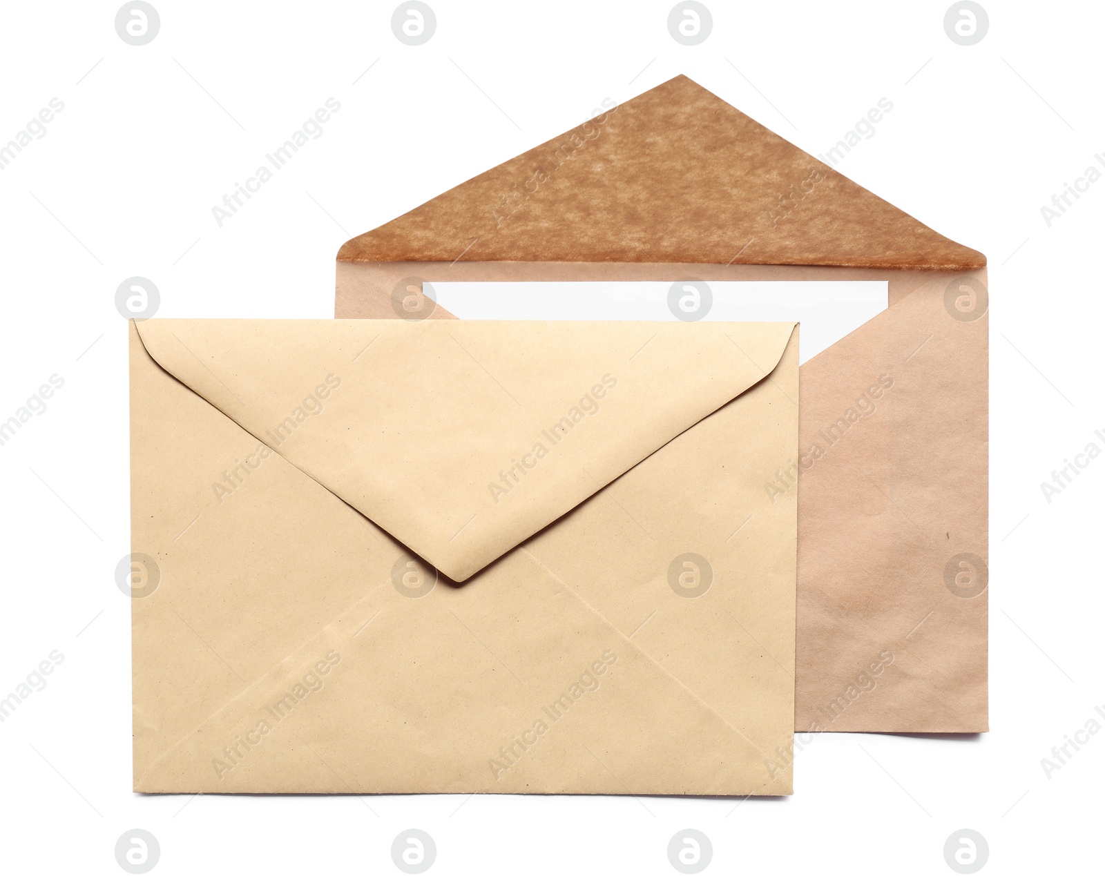 Photo of Envelopes isolated with card on white, top view. Mockup for design