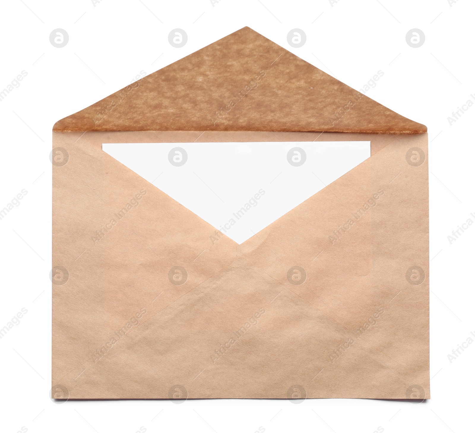 Photo of Envelope with card isolated on white, top view. Mockup for design