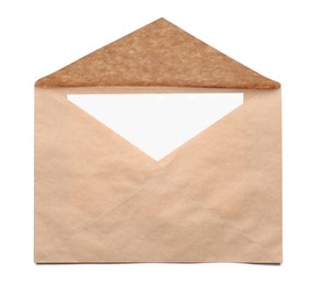 Photo of Envelope with card isolated on white, top view. Mockup for design