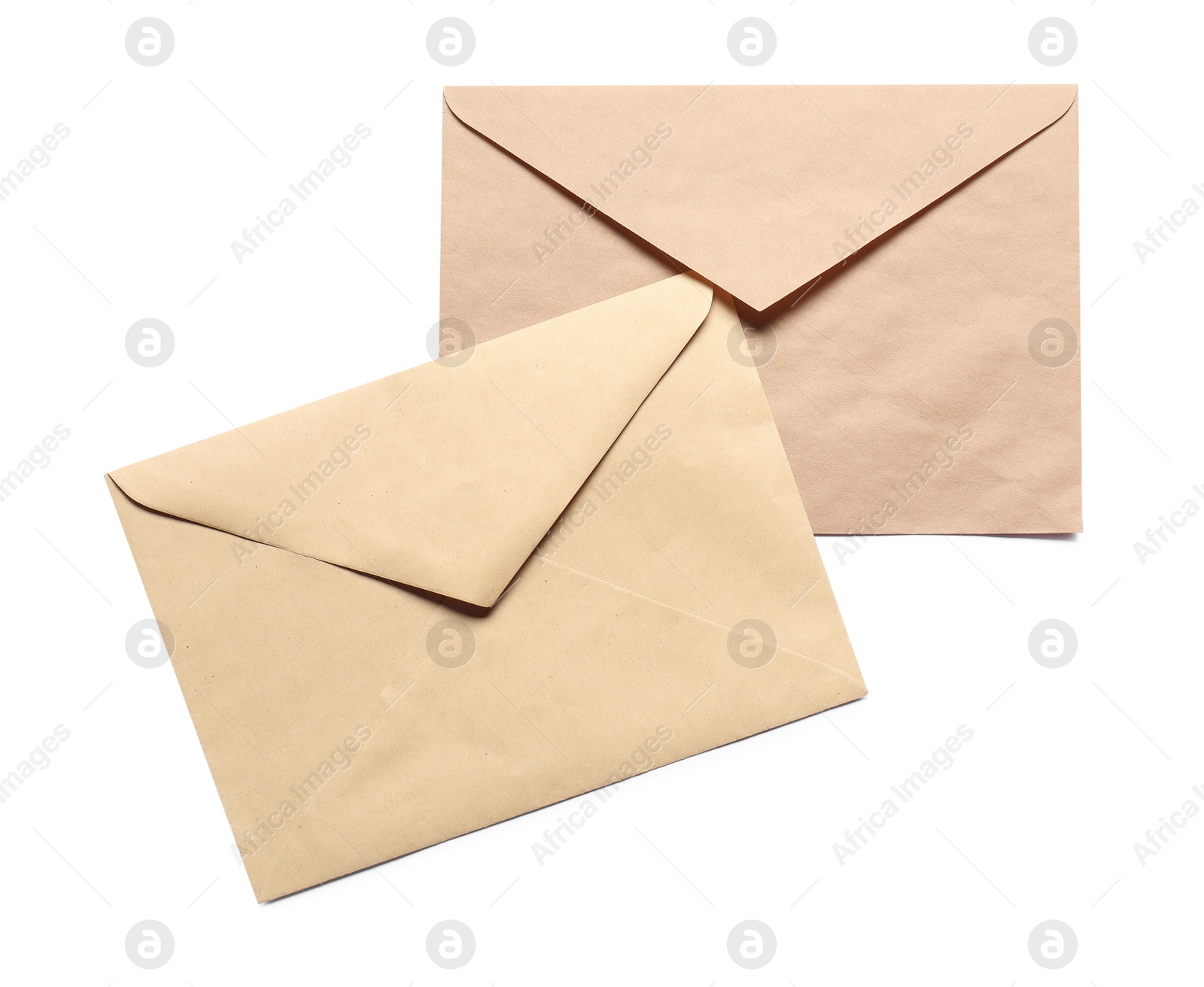 Photo of Envelopes isolated on white, top view. Mockup for design