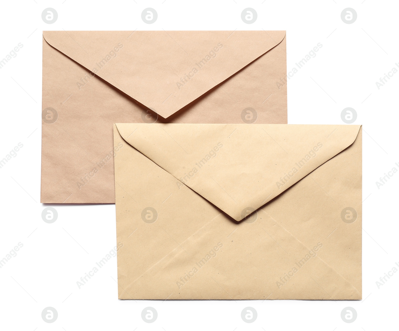 Photo of Envelopes isolated on white, top view. Mockup for design