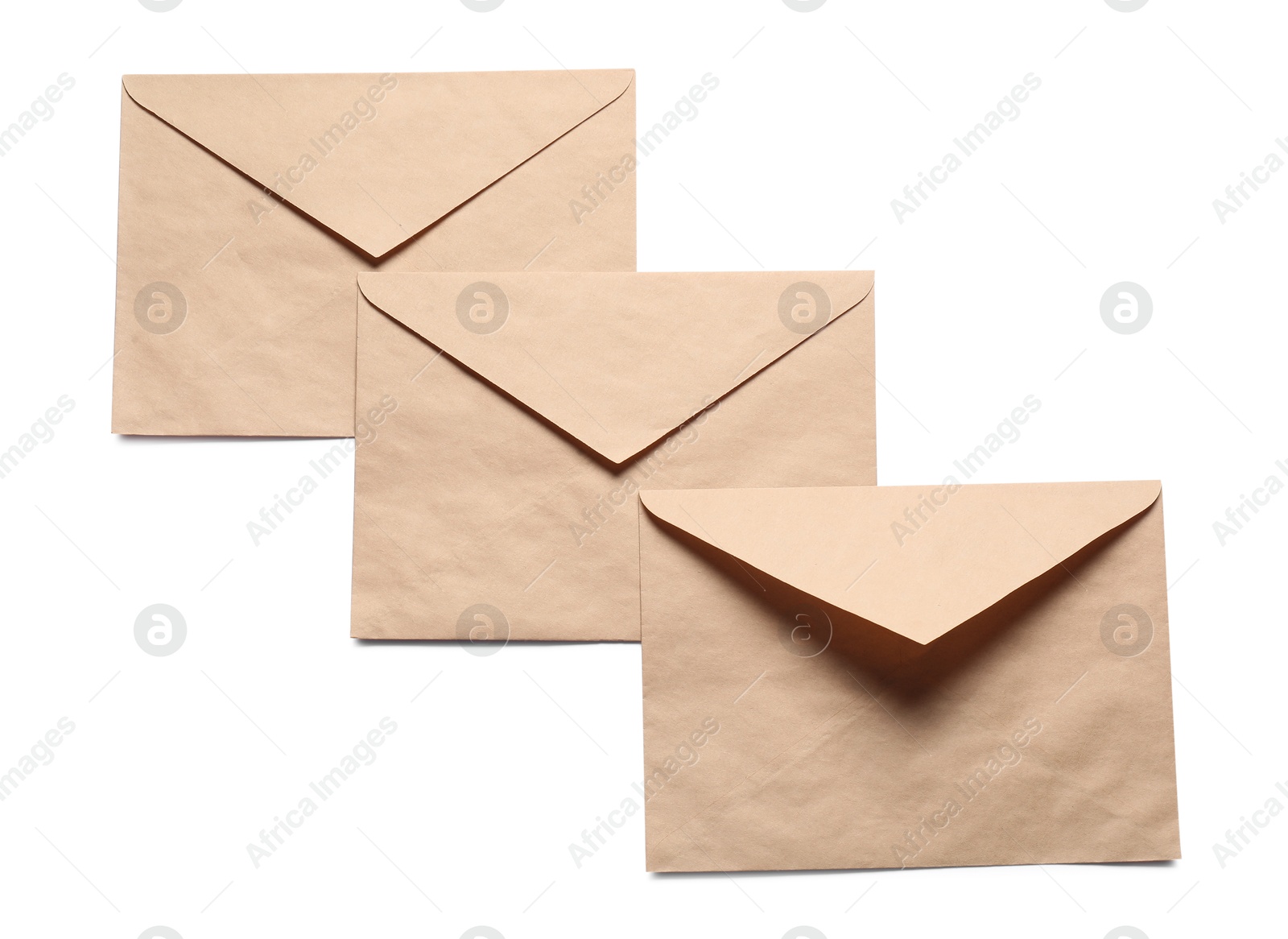 Photo of Envelopes isolated on white, top view. Mockup for design