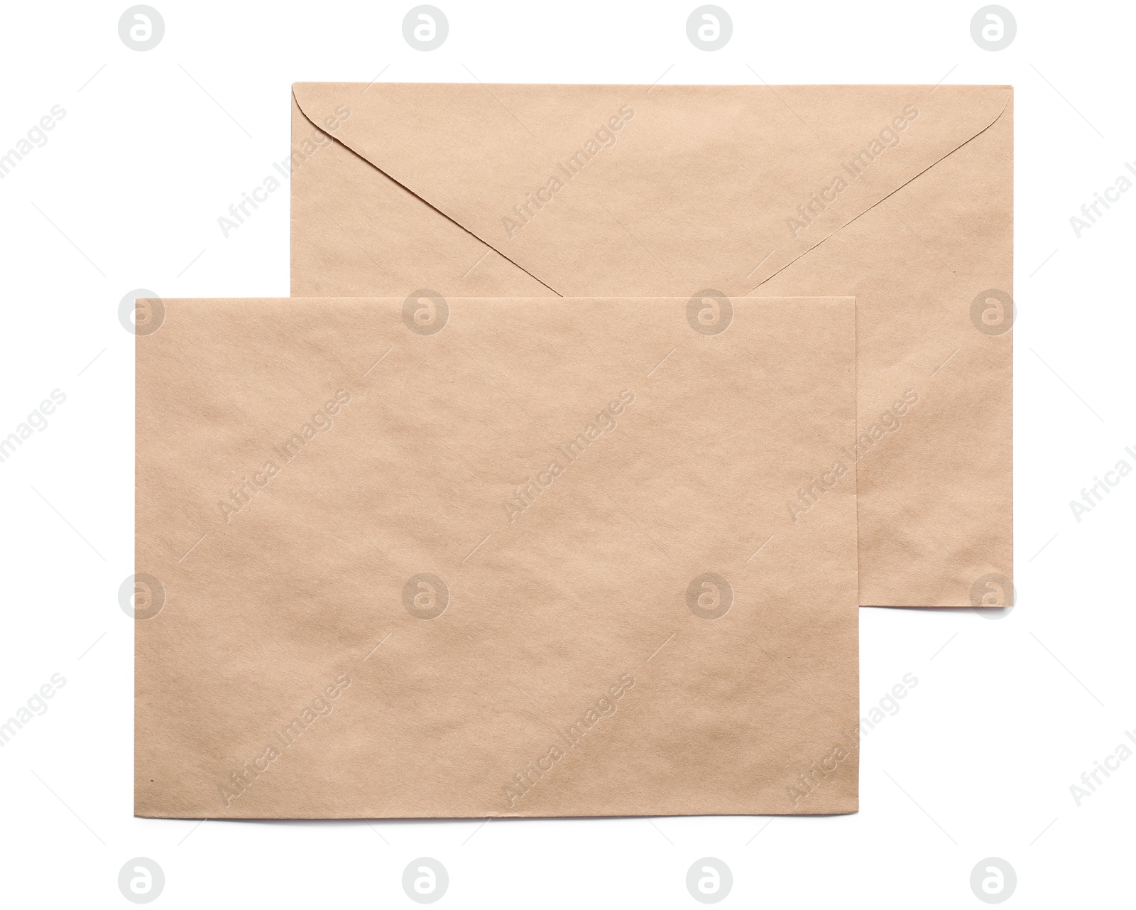 Photo of Envelopes isolated on white, top view. Mockup for design