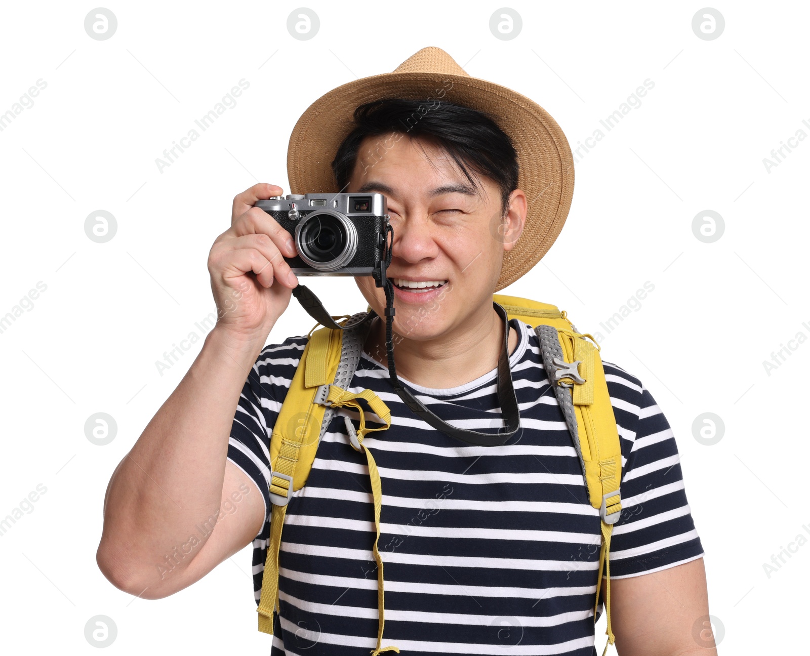 Photo of Traveller taking photo with camera on white background