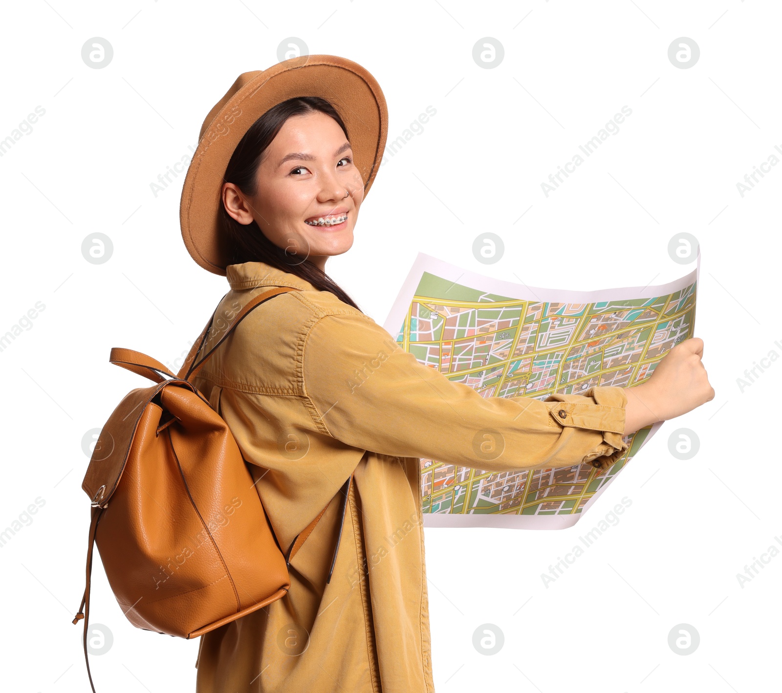 Photo of Traveller with map and backpack on white background