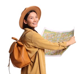 Photo of Traveller with map and backpack on white background