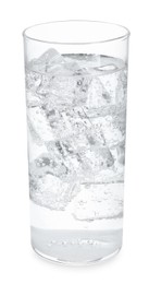 Photo of Glass of refreshing soda water with ice cubes isolated on white