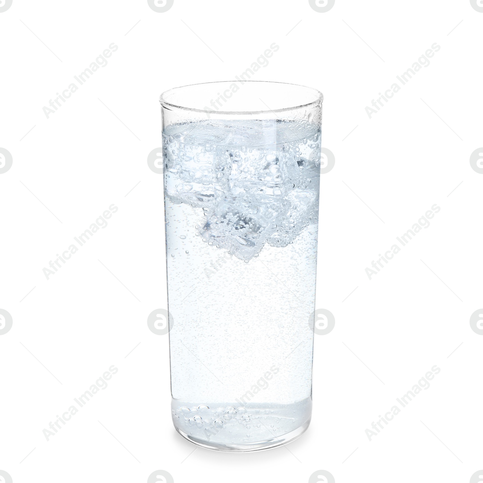 Photo of Glass of refreshing soda water with ice cubes isolated on white