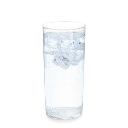 Photo of Glass of refreshing soda water with ice cubes isolated on white