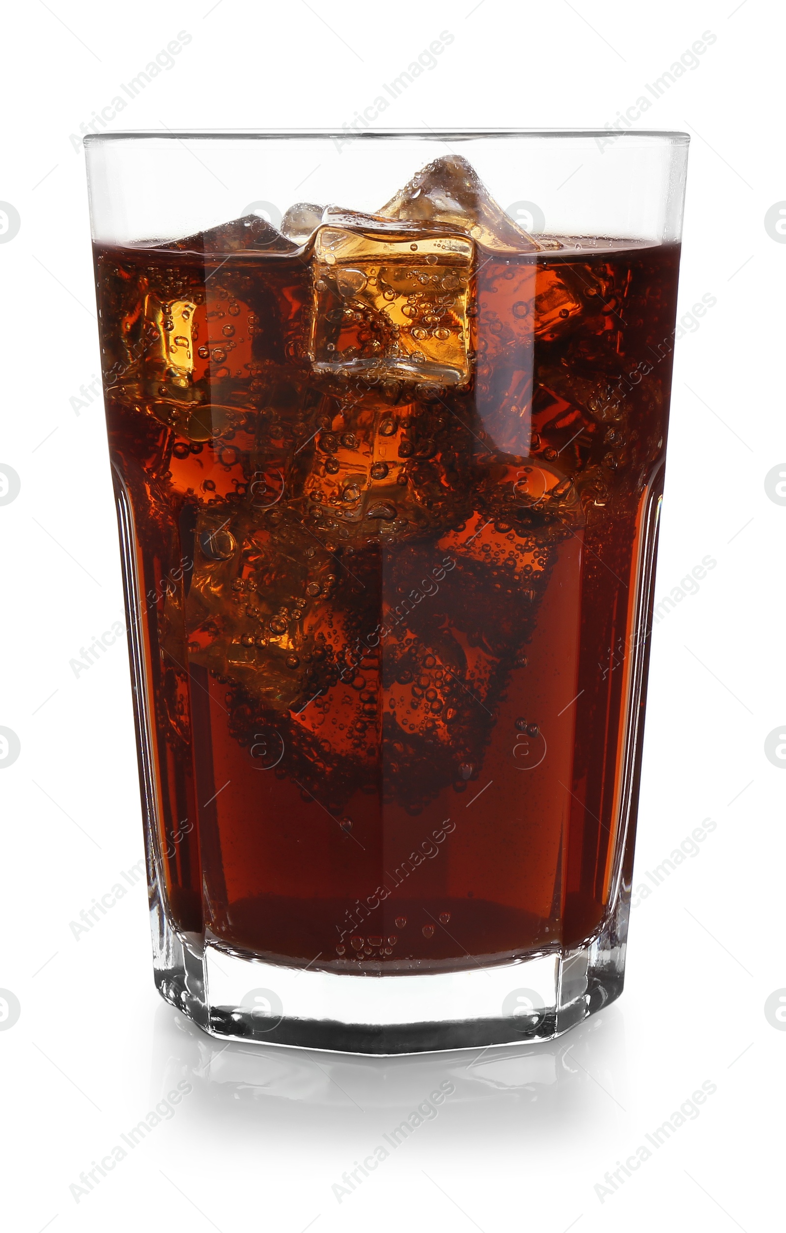 Photo of Glass of refreshing sweet soda water with ice cubes isolated on white