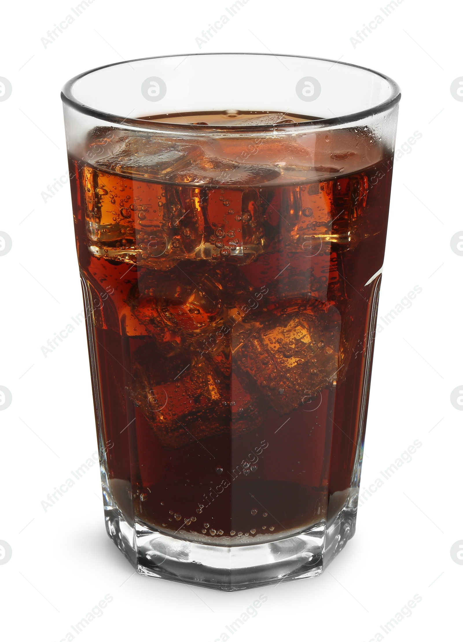 Photo of Glass of refreshing sweet soda water with ice cubes isolated on white