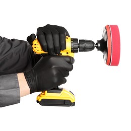 Photo of Man holding electric screwdriver with polish pad on white background, closeup