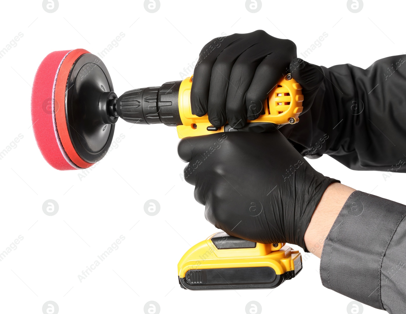 Photo of Man holding electric screwdriver with polish pad on white background, closeup