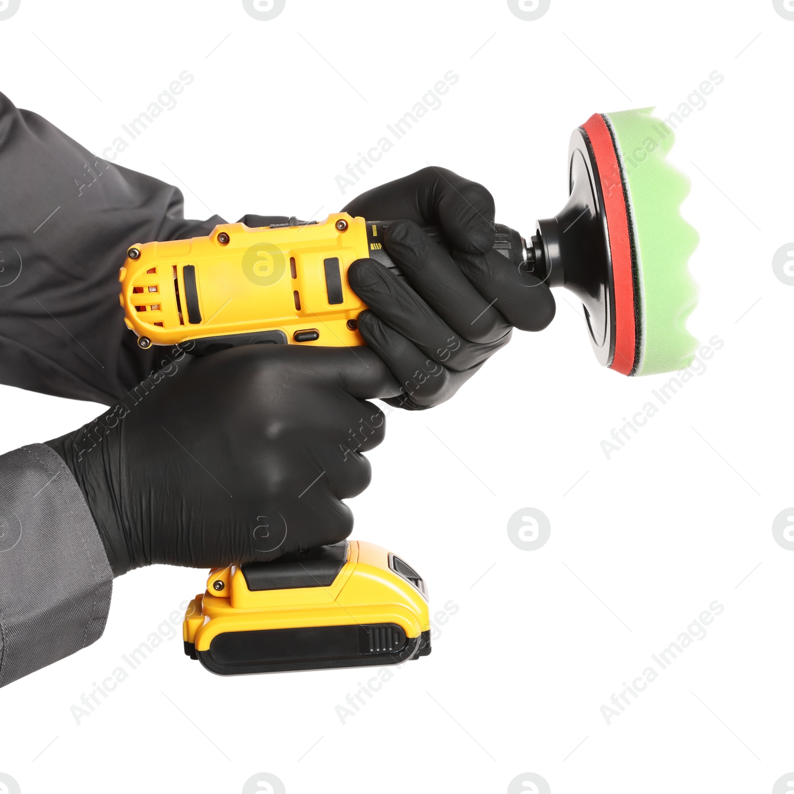 Photo of Man holding electric screwdriver with polish pad on white background, closeup