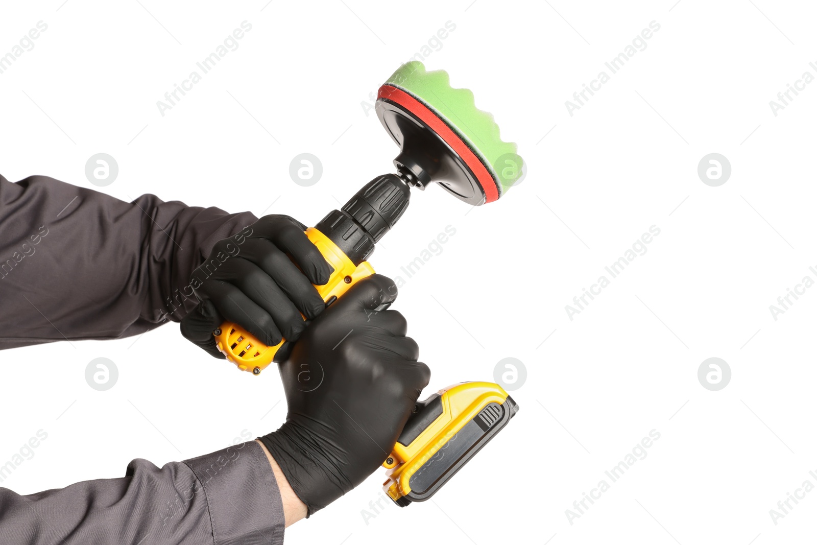 Photo of Man holding electric screwdriver with polish pad on white background, closeup