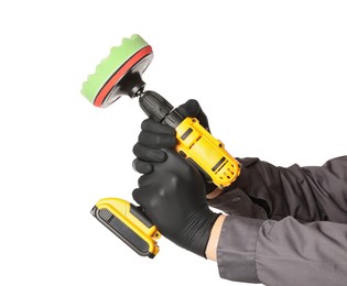 Photo of Man holding electric screwdriver with polish pad on white background, closeup