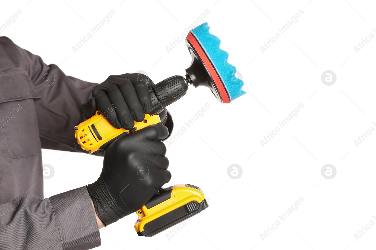 Photo of Man holding electric screwdriver with polish pad on white background, closeup