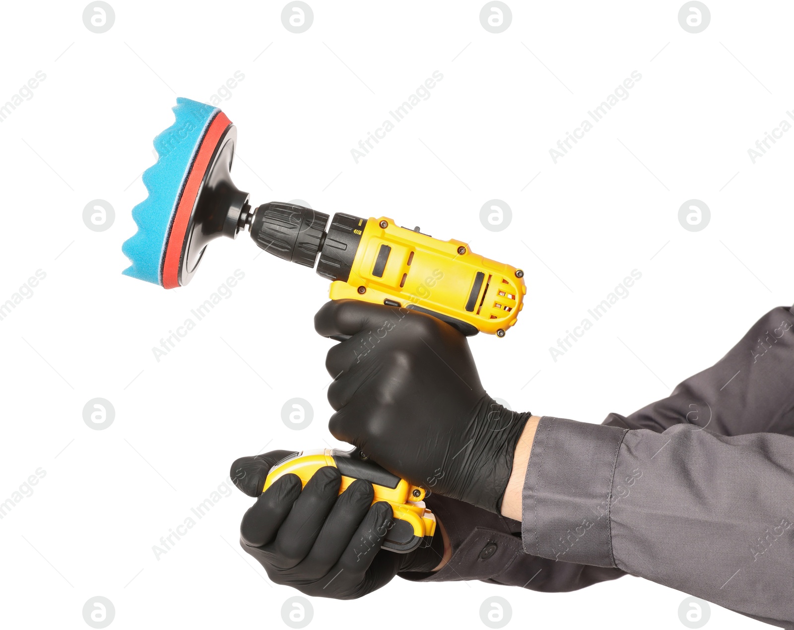 Photo of Man holding electric screwdriver with polish pad on white background, closeup