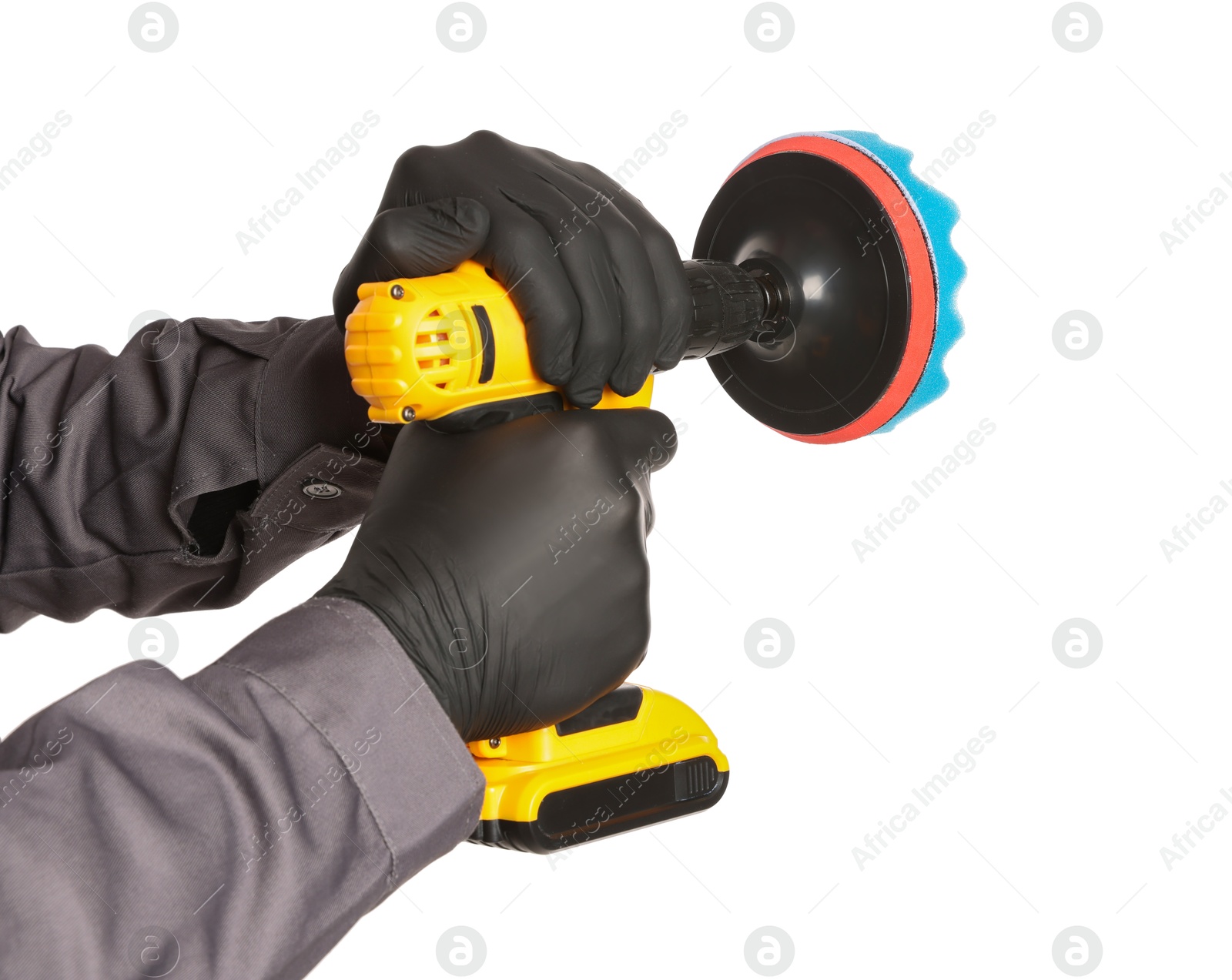 Photo of Man holding electric screwdriver with polish pad on white background, closeup