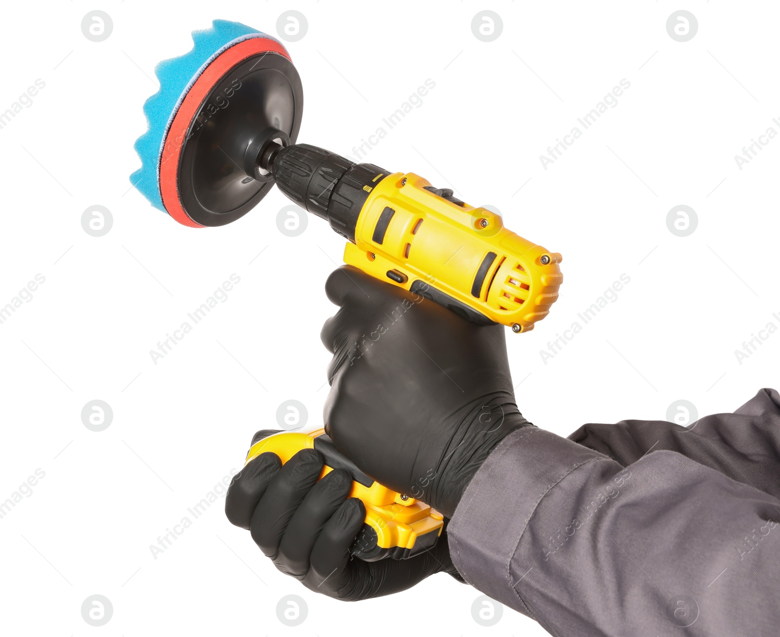 Photo of Man holding electric screwdriver with polish pad on white background, closeup