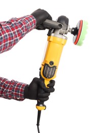 Photo of Man with polishing machine on white background, closeup