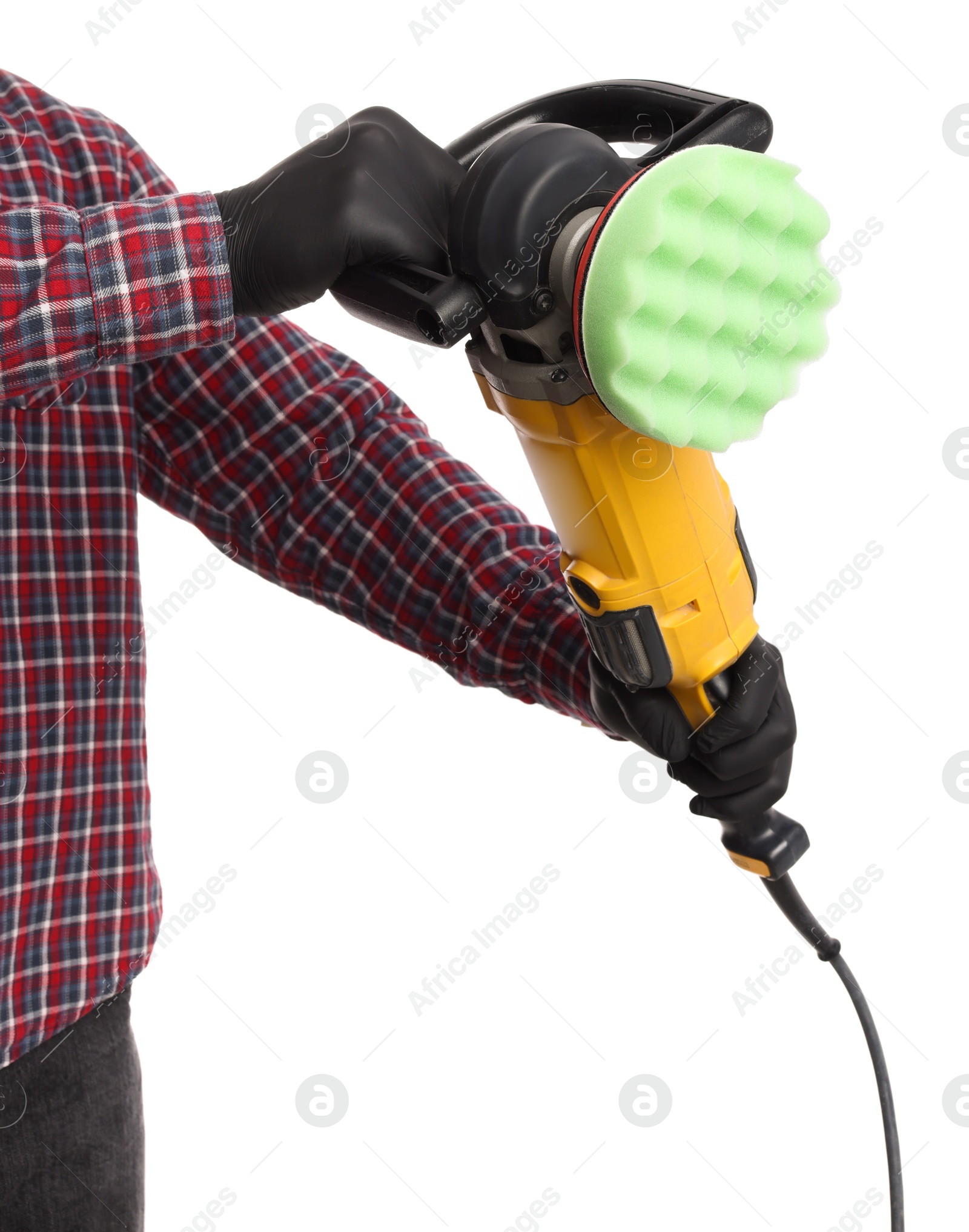 Photo of Man with polishing machine on white background, closeup