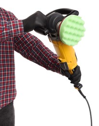 Photo of Man with polishing machine on white background, closeup