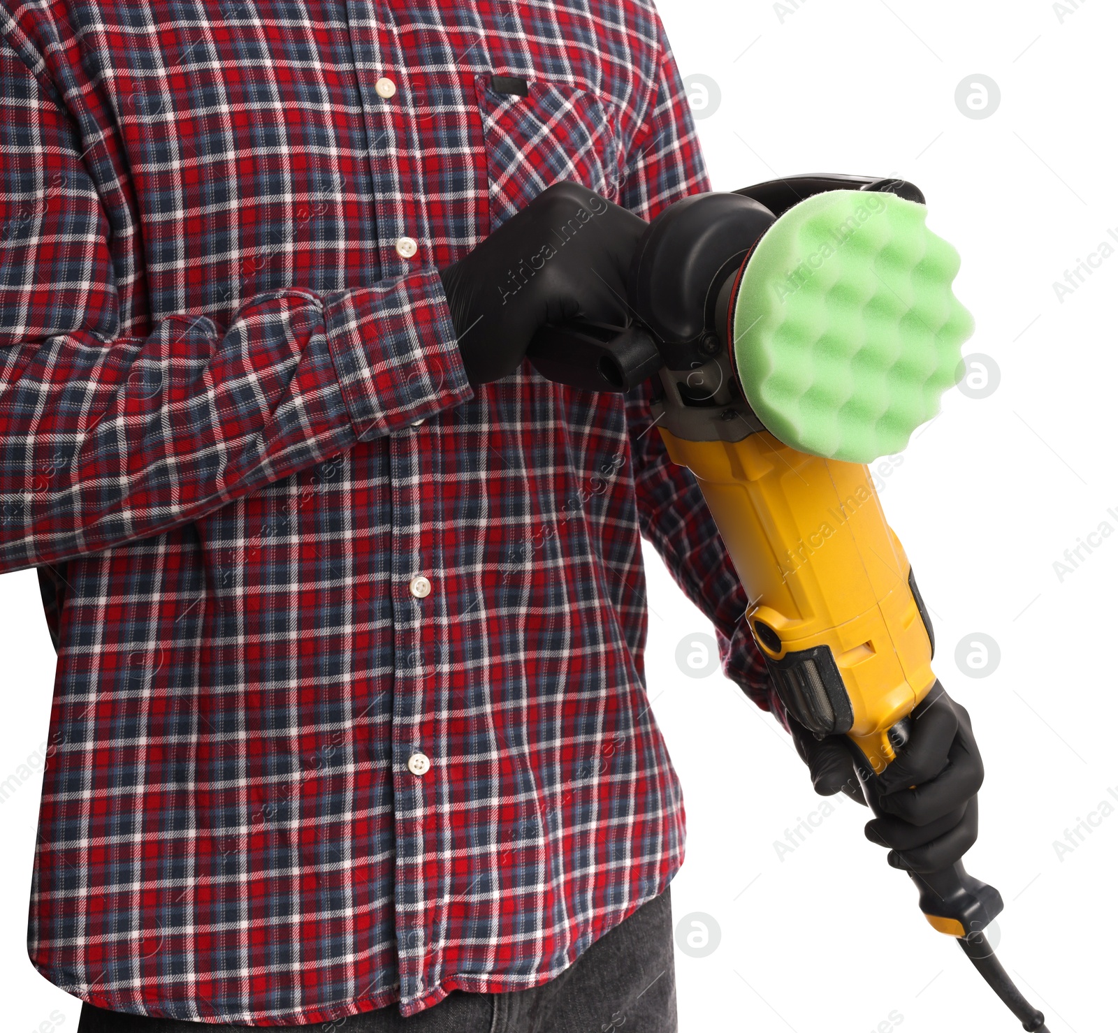 Photo of Man with polishing machine on white background, closeup