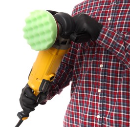 Photo of Man with polishing machine on white background, closeup