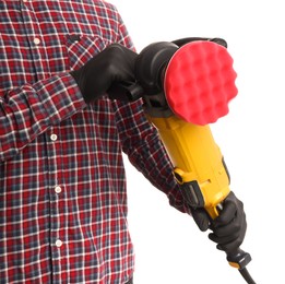 Photo of Man with polishing machine on white background, closeup