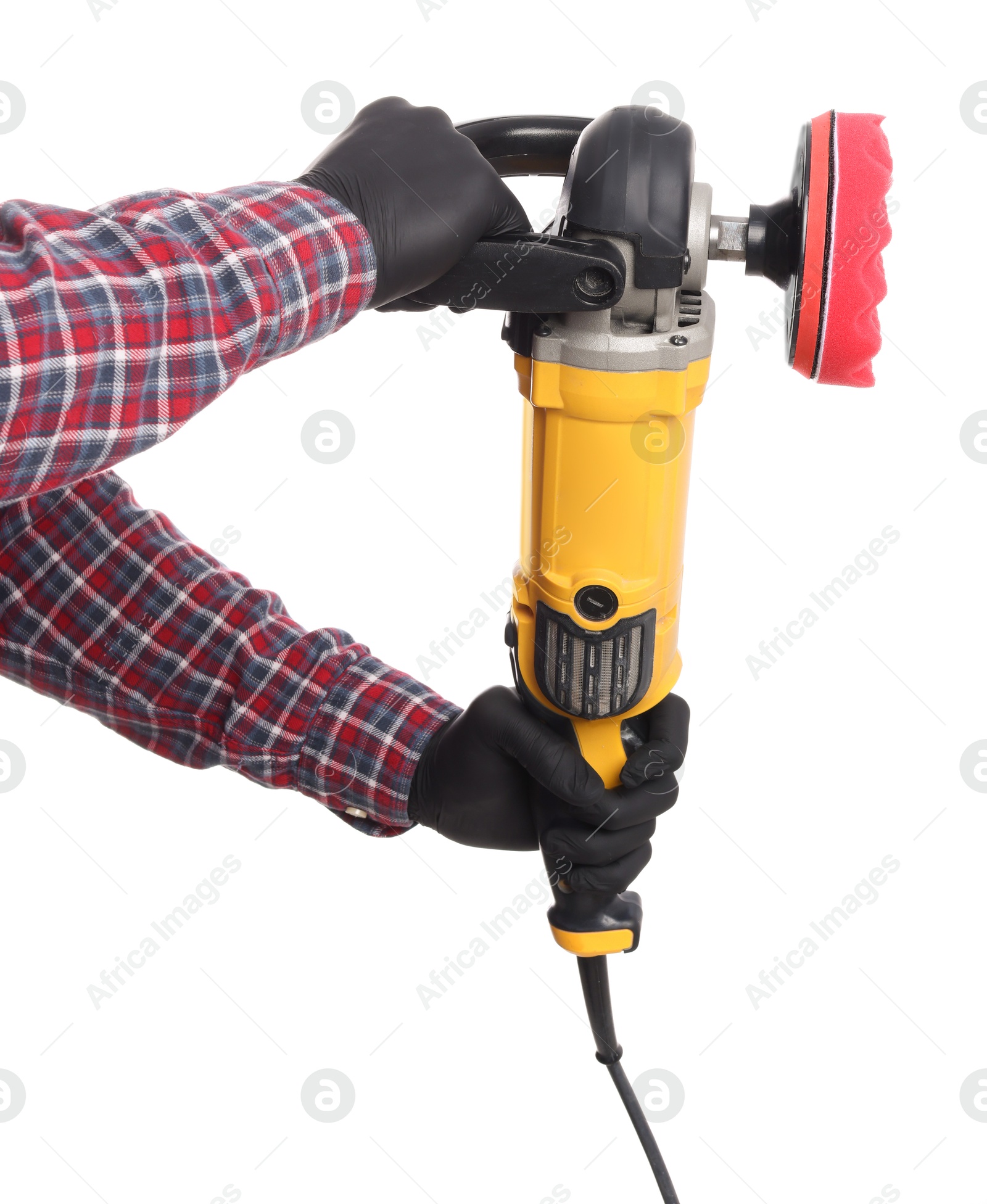 Photo of Man with polishing machine on white background, closeup