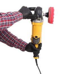 Photo of Man with polishing machine on white background, closeup