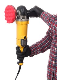 Photo of Man with polishing machine on white background, closeup