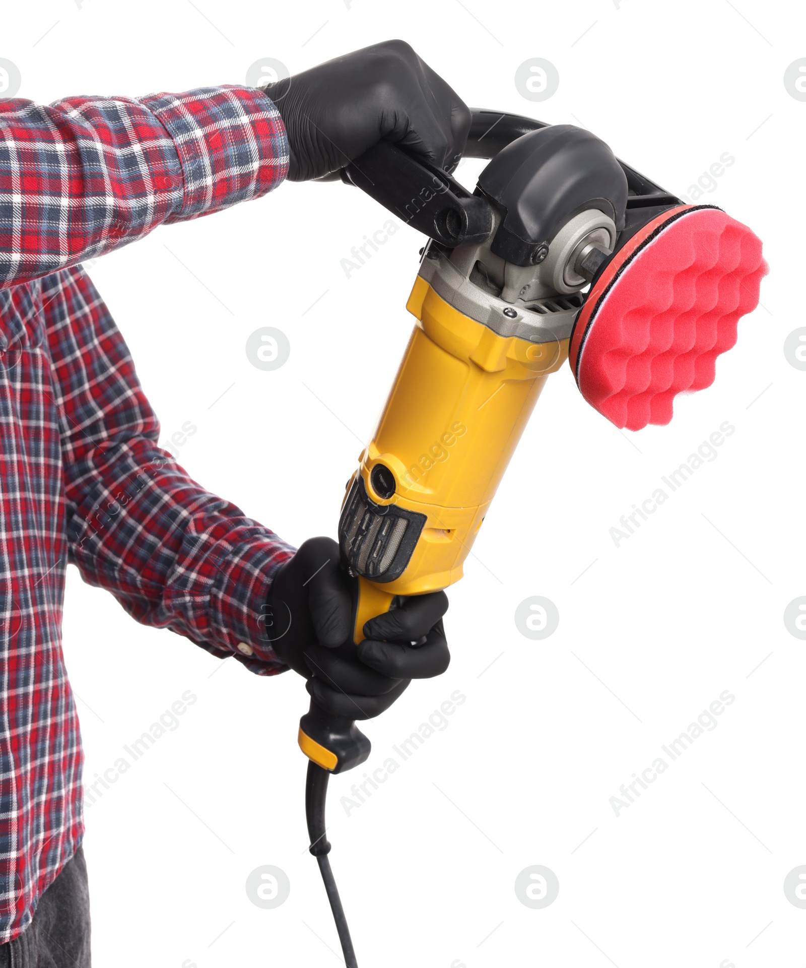 Photo of Man with polishing machine on white background, closeup