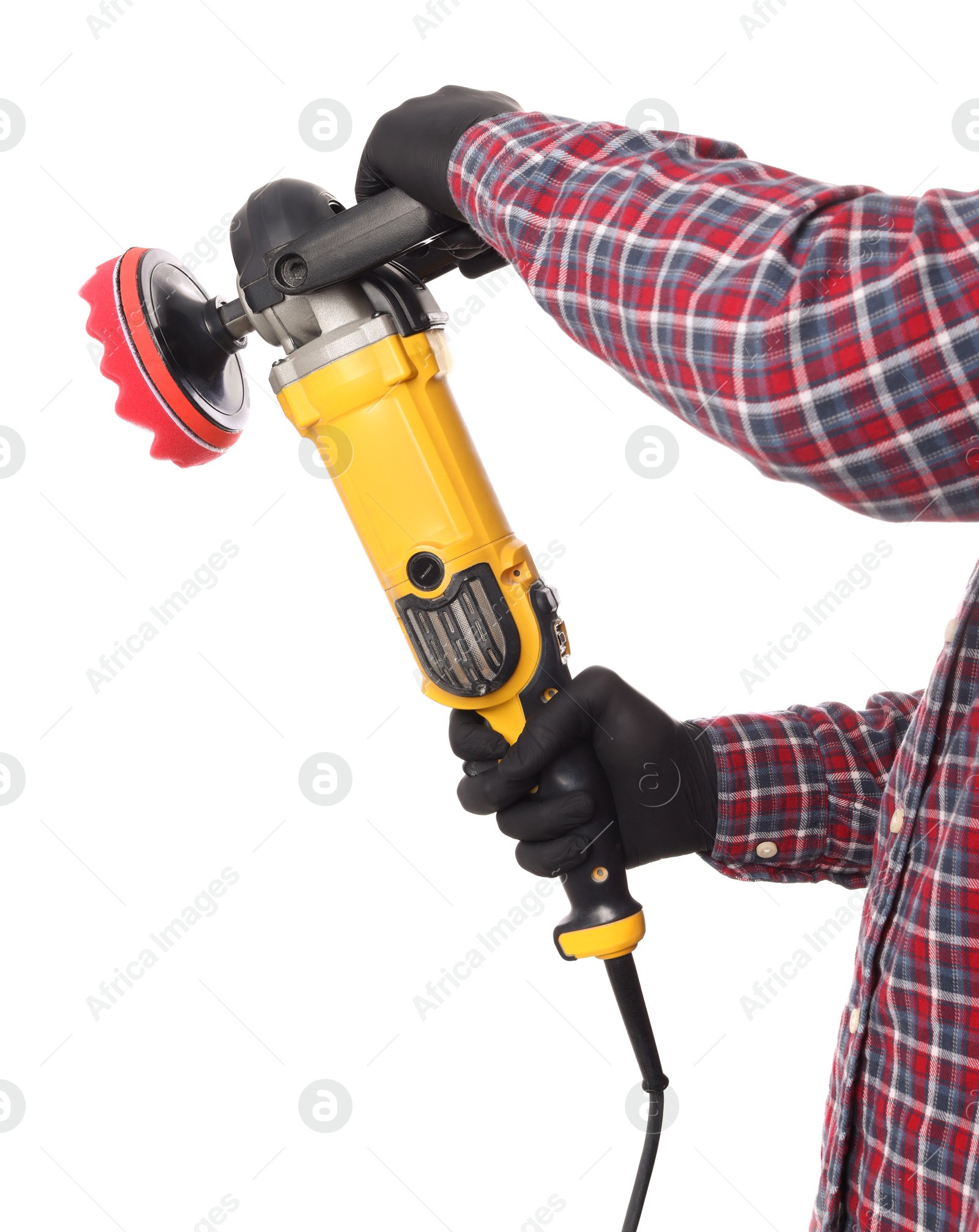 Photo of Man with polishing machine on white background, closeup