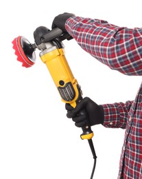 Photo of Man with polishing machine on white background, closeup