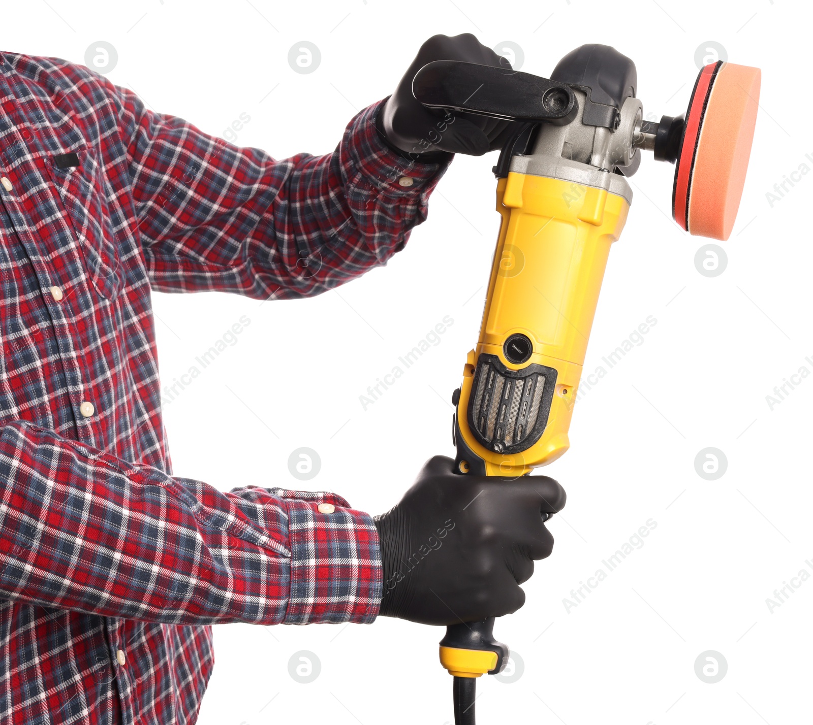 Photo of Man with polishing machine on white background, closeup