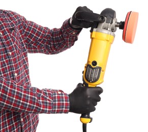 Photo of Man with polishing machine on white background, closeup