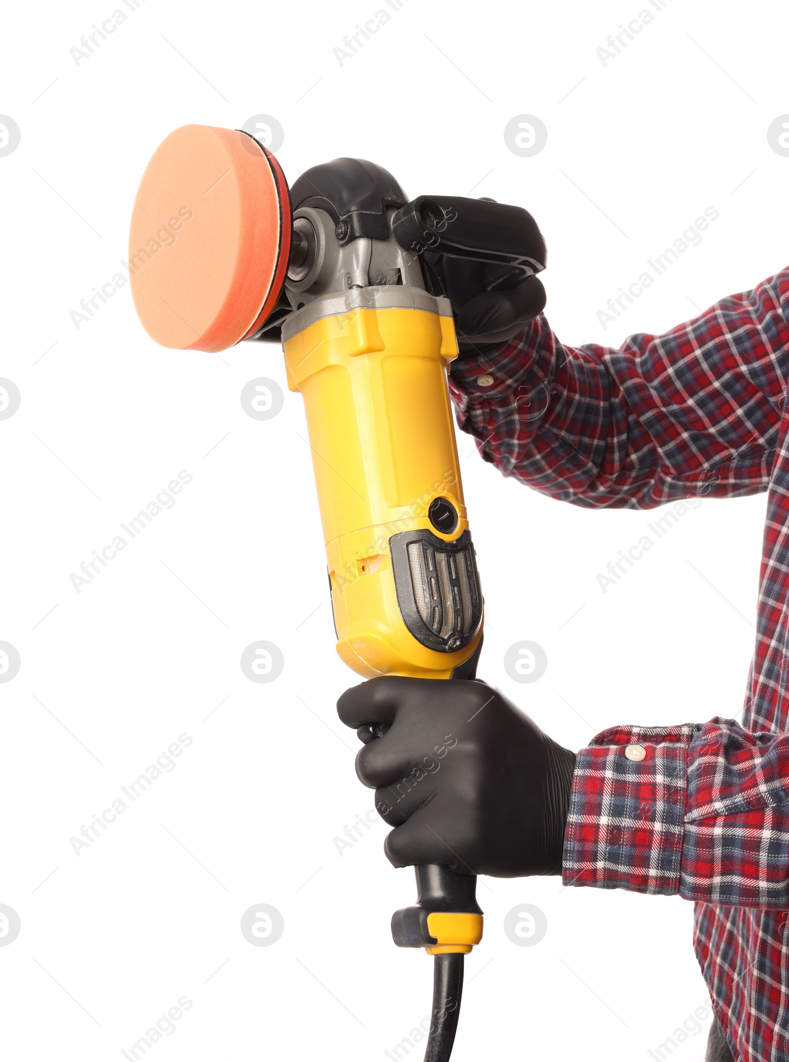 Photo of Man with polishing machine on white background, closeup