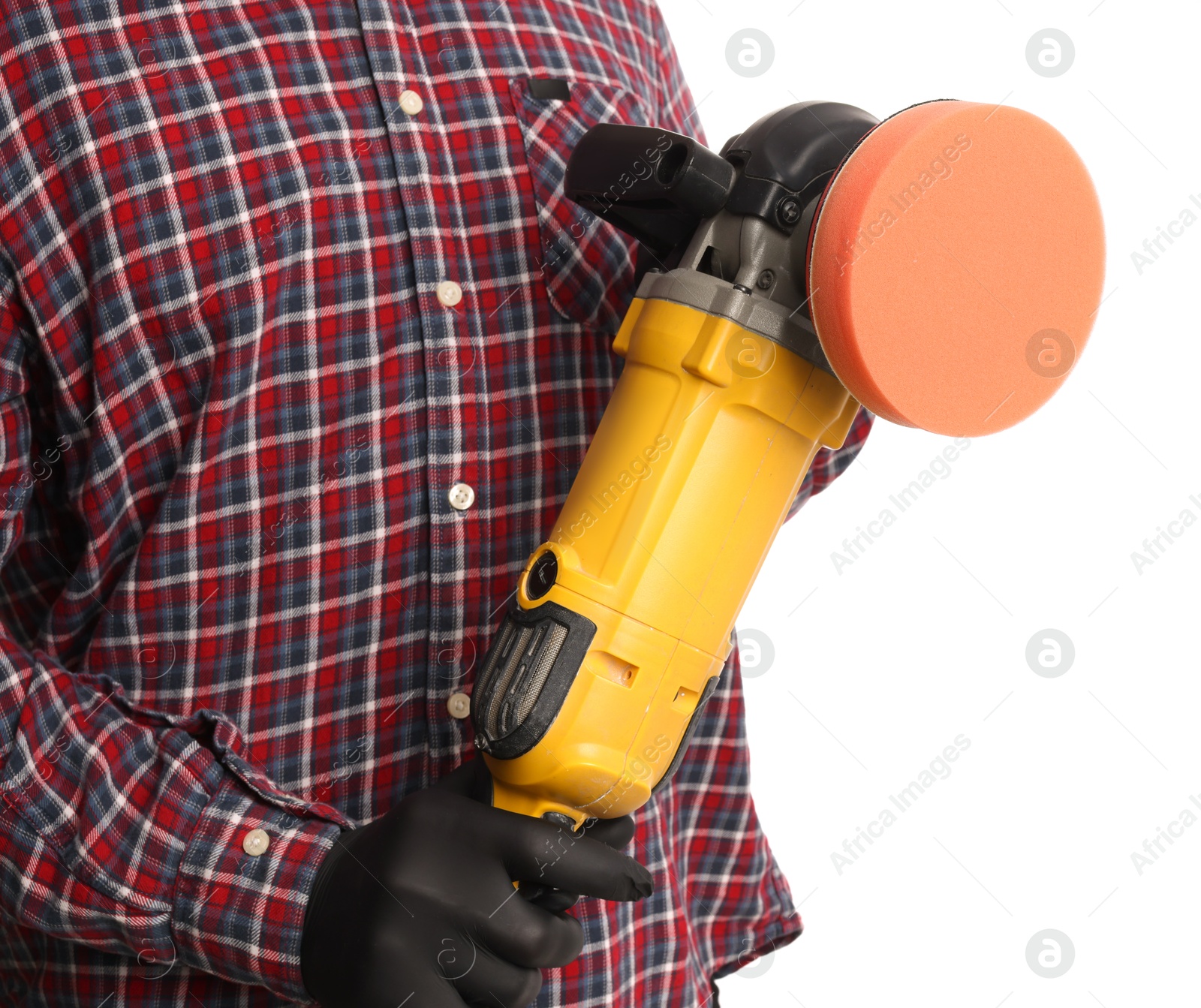 Photo of Man with polishing machine on white background, closeup