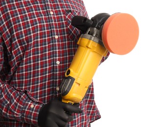 Photo of Man with polishing machine on white background, closeup