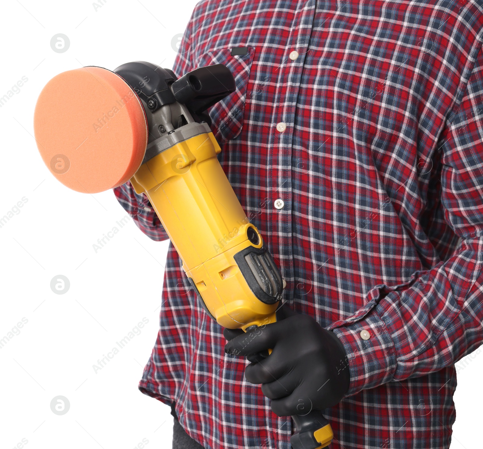 Photo of Man with polishing machine on white background, closeup