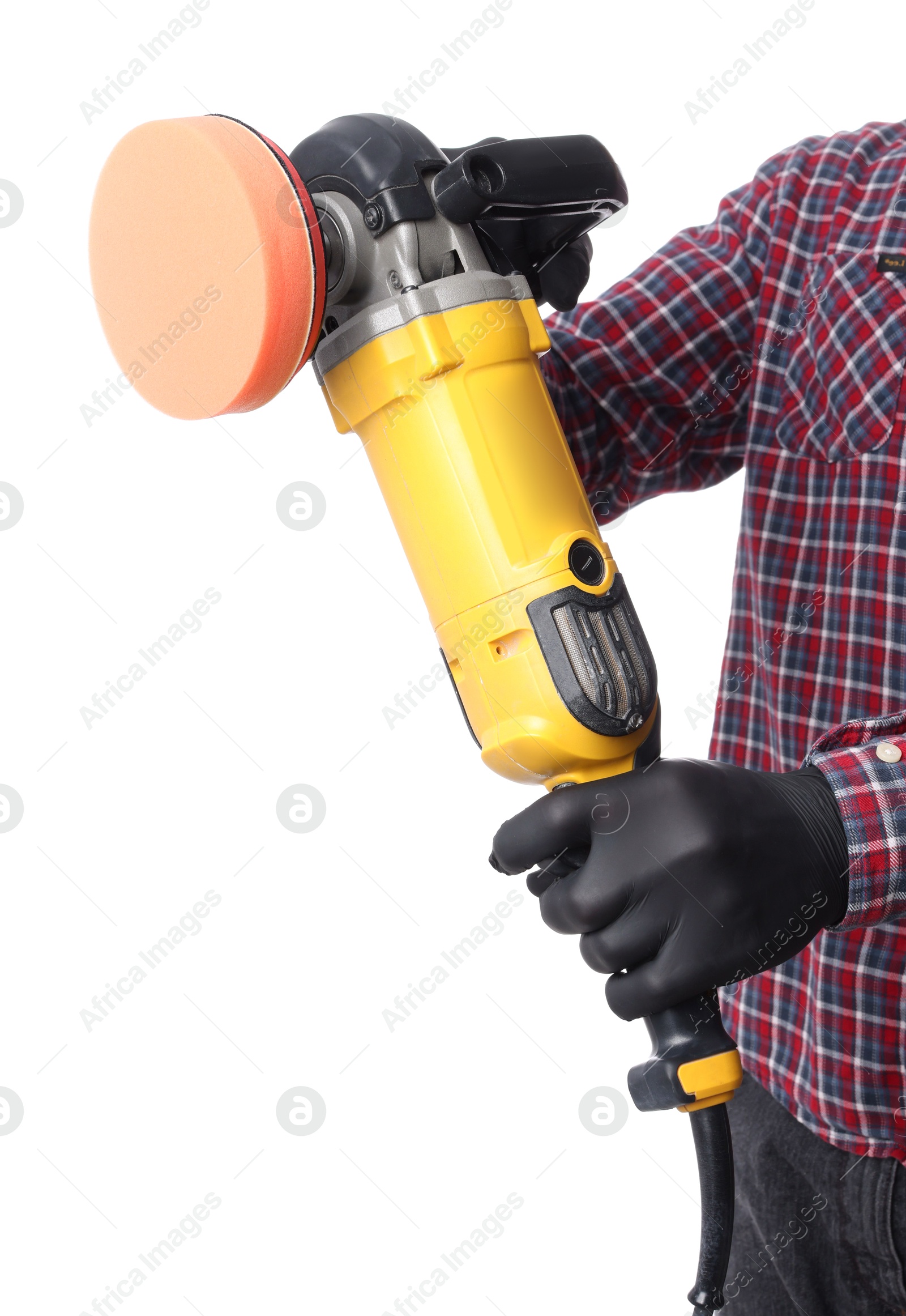 Photo of Man with polishing machine on white background, closeup