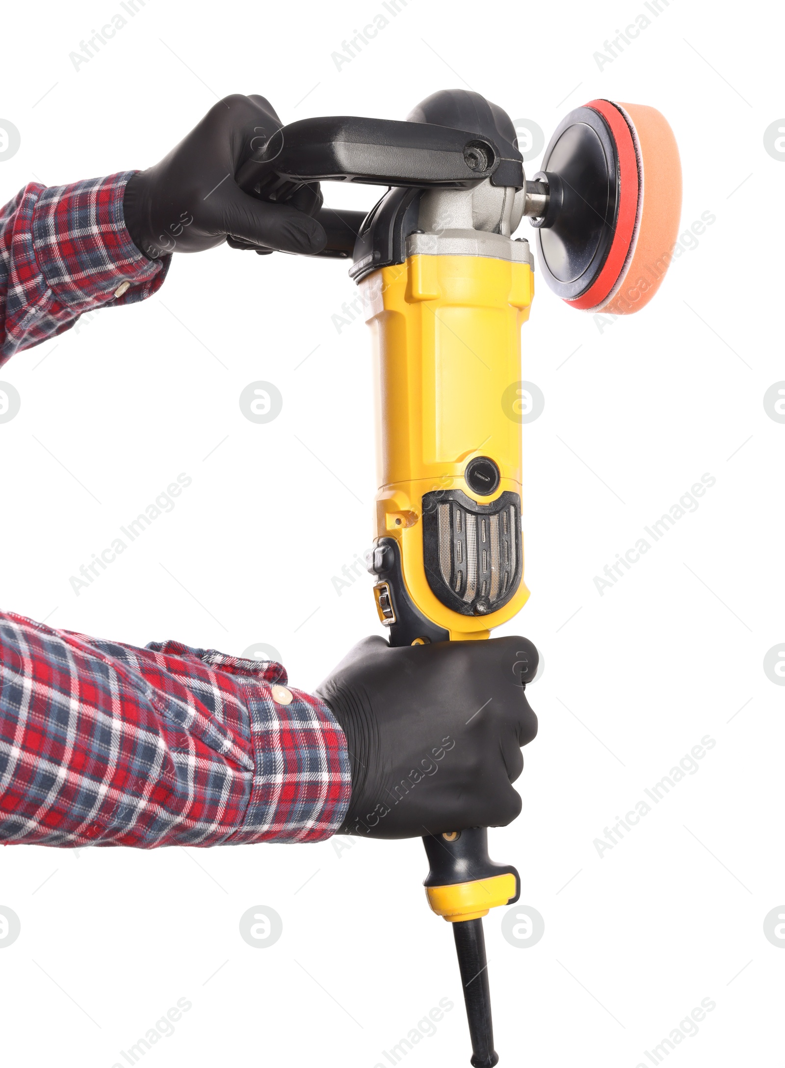 Photo of Man with polishing machine on white background, closeup