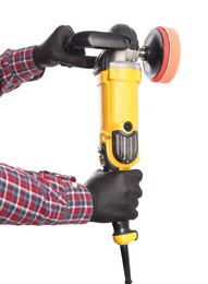 Photo of Man with polishing machine on white background, closeup