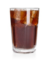 Photo of Sweet soda water with ice cubes in glass isolated on white