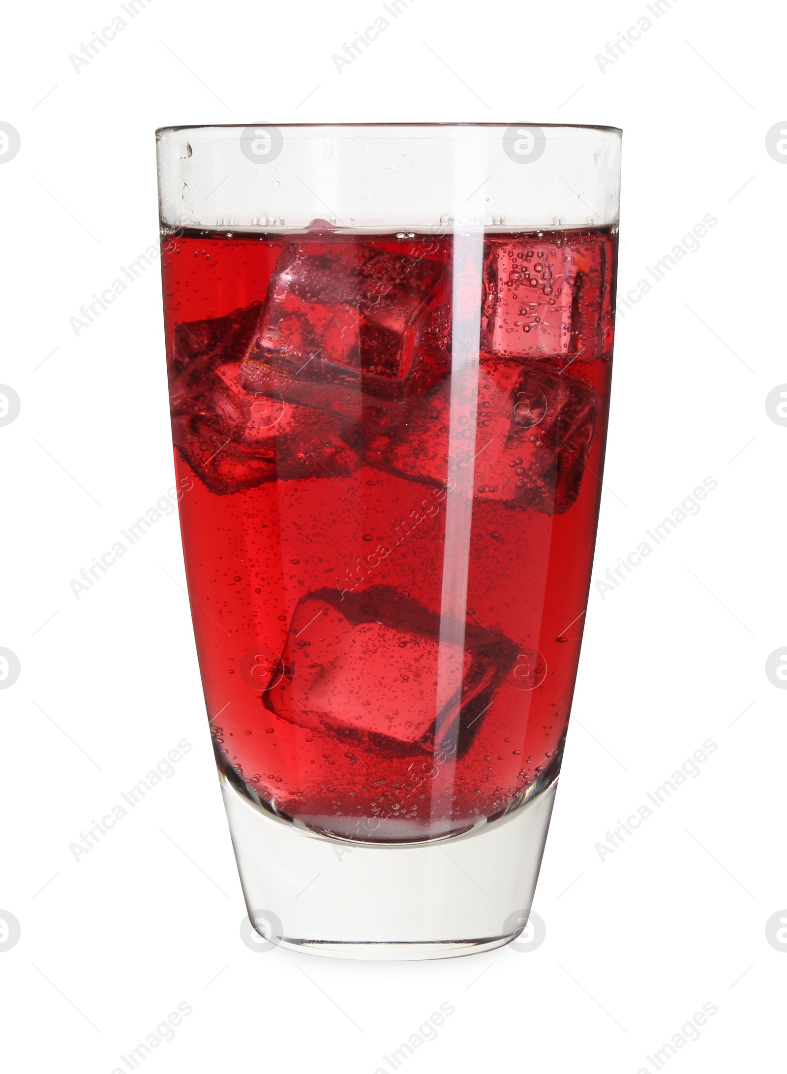 Photo of Sweet soda water with ice cubes in glass isolated on white