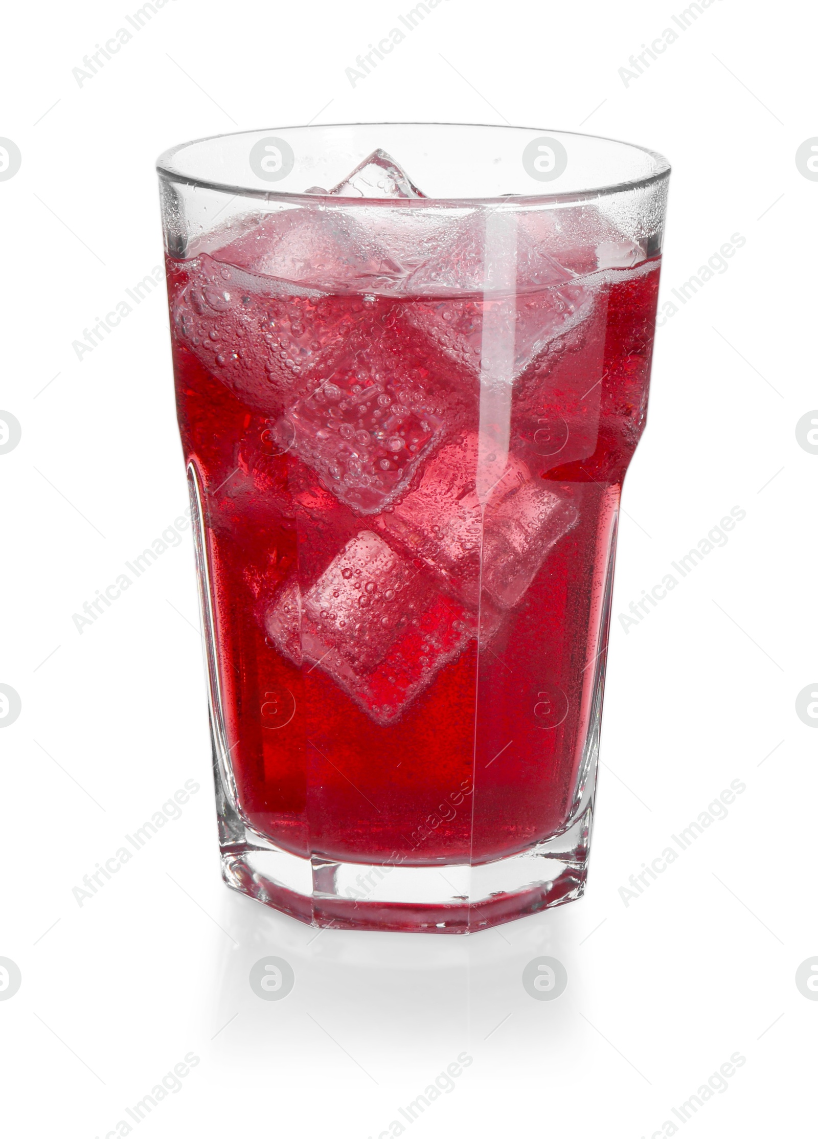 Photo of Sweet soda water with ice cubes in glass isolated on white