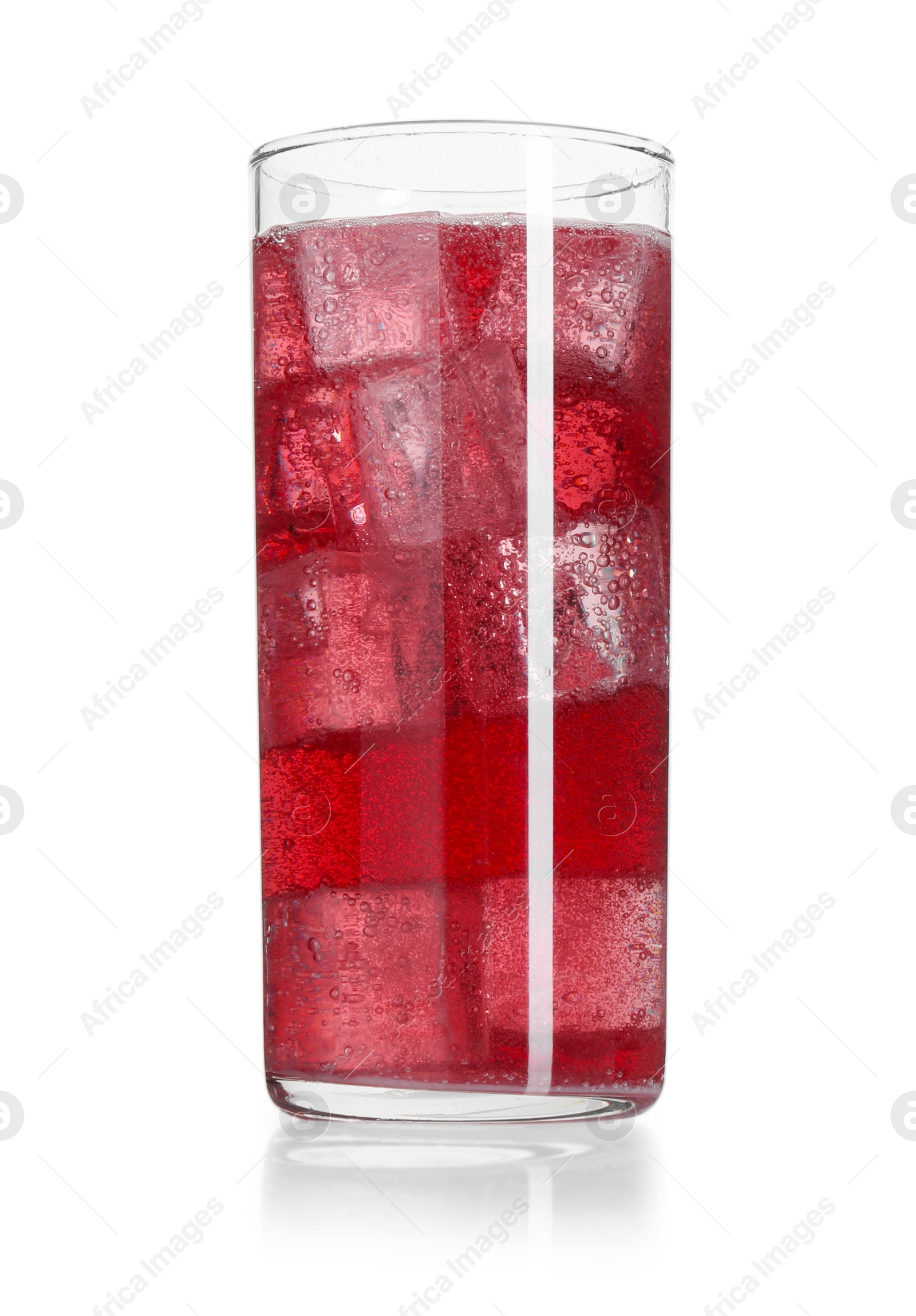 Photo of Sweet soda water with ice cubes in glass isolated on white