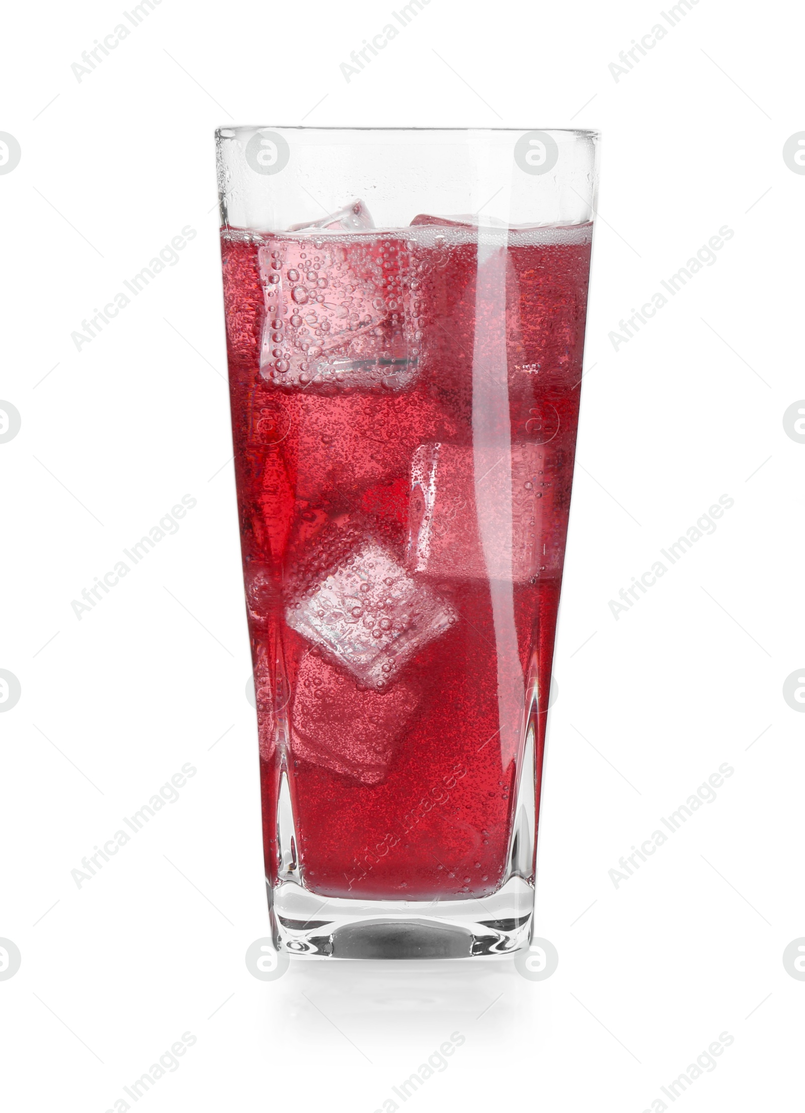 Photo of Sweet soda water with ice cubes in glass isolated on white